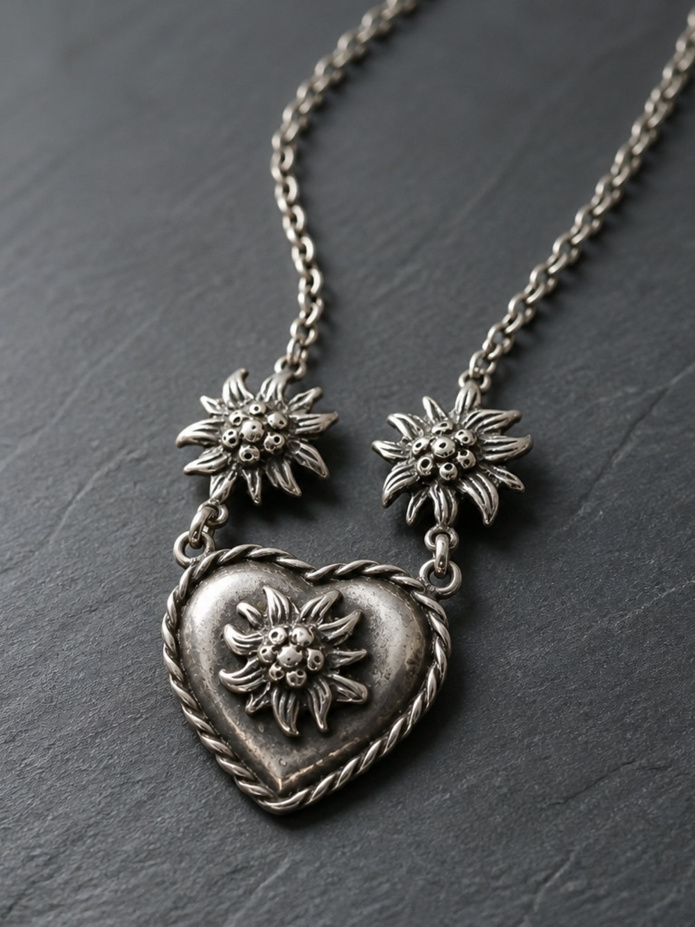Heart Edelweiss 925 Sterling Silver Heart Floral Pendant Necklace